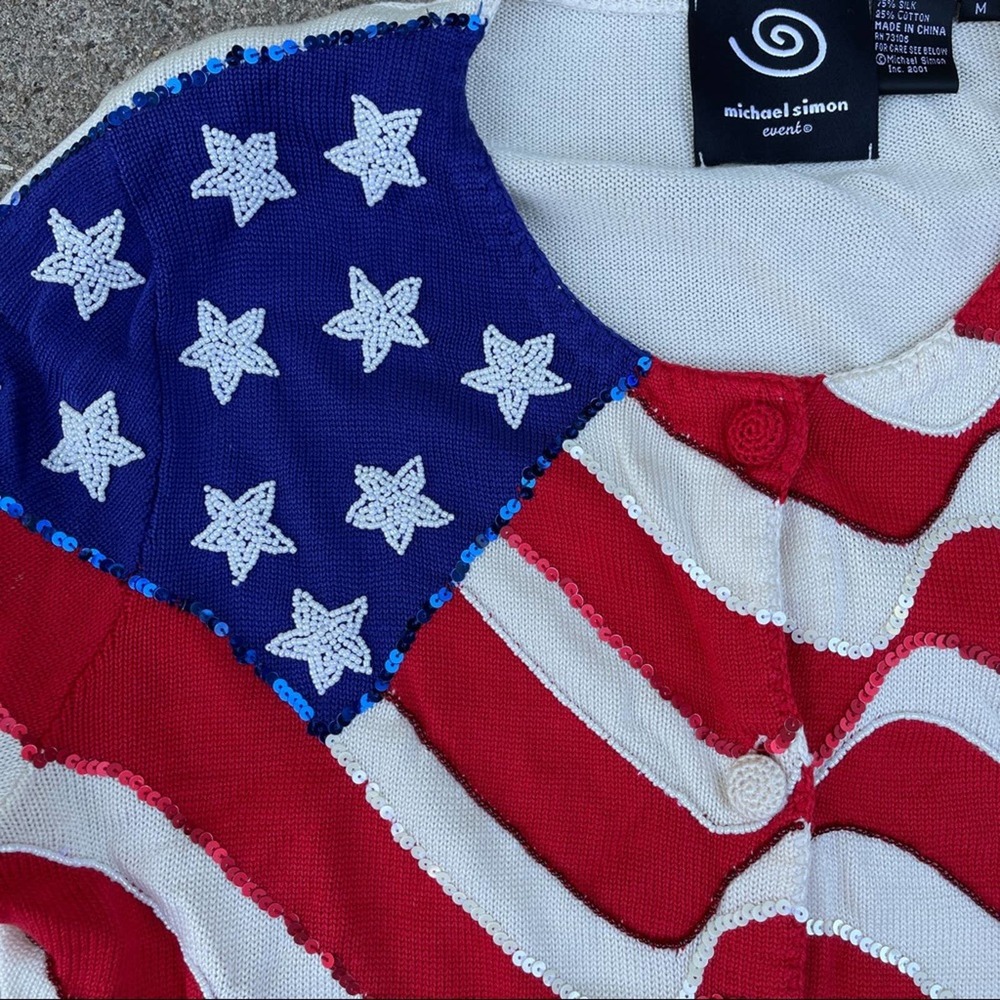 Michael Simon Cardigan American Flag Beaded Sequin Silk Sweater Size Medium VTG - Picture 6 of 8